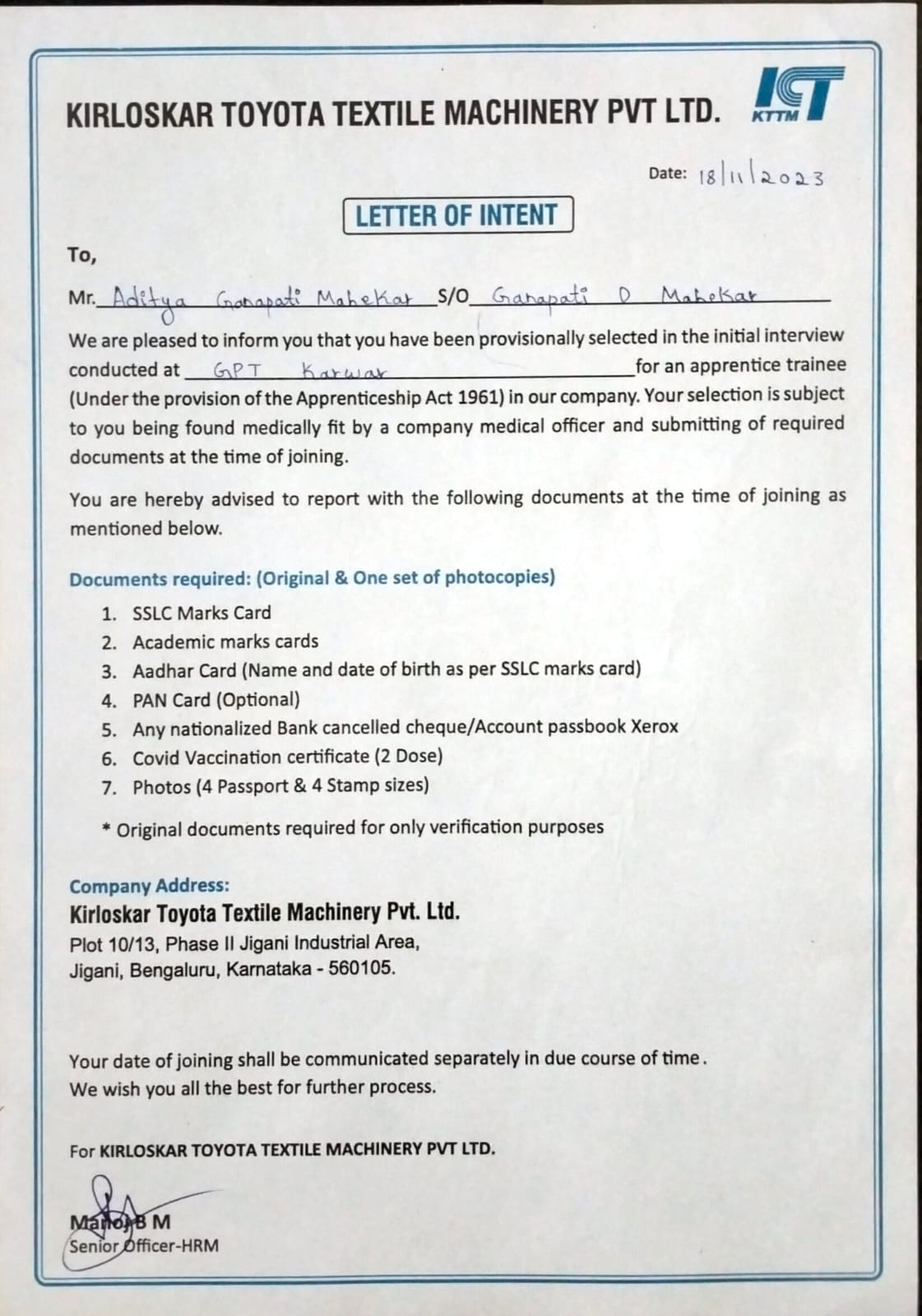 Kirloskar Toyota Offer Letter